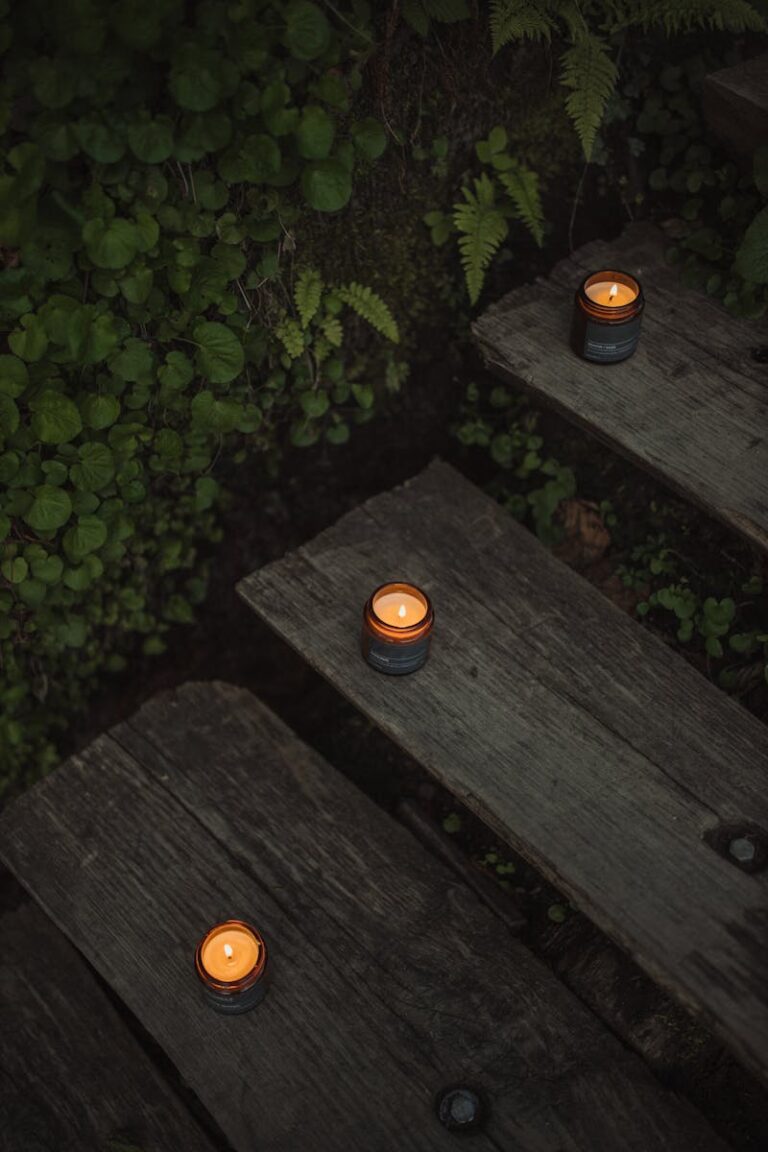Warm lit candles arranged on wooden steps surrounded by green foliage for a cozy ambiance.